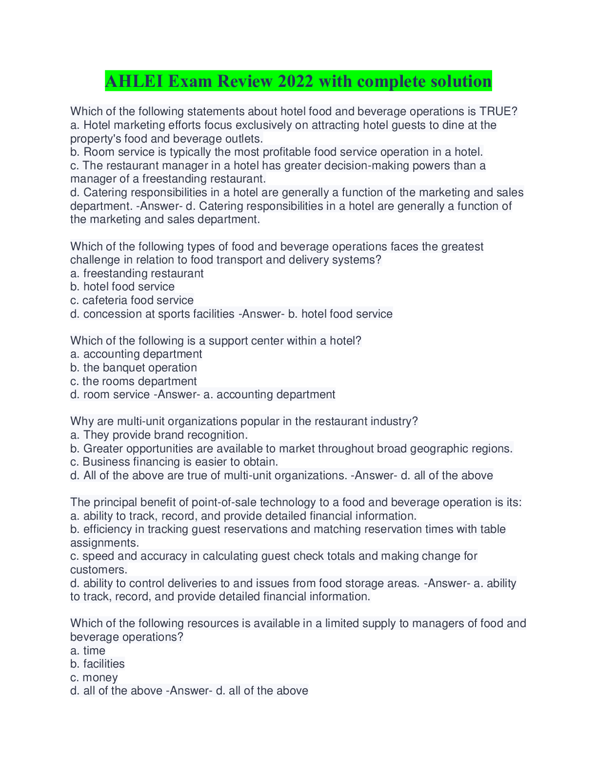 Preview of AHLEI 2022 Exam Review Questions with complete and correct solutions